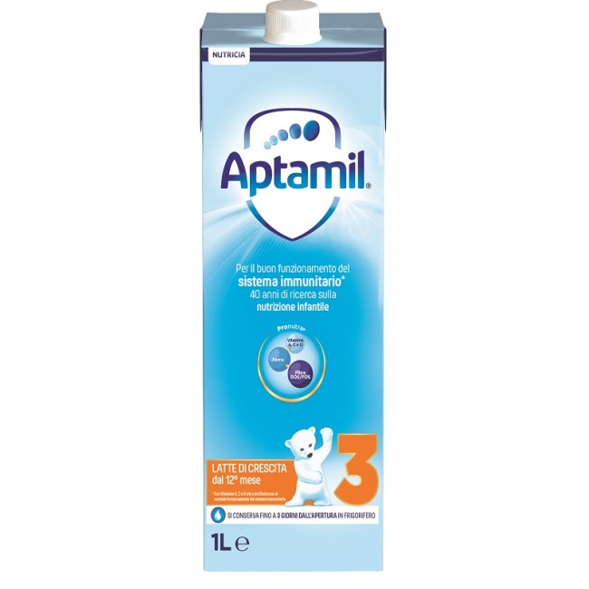 Confezione da 1000 ml di Aptamil 3, latte liquido per la crescita. Confezione da 1000 ml di Aptamil 3, latte liquido per la crescita.