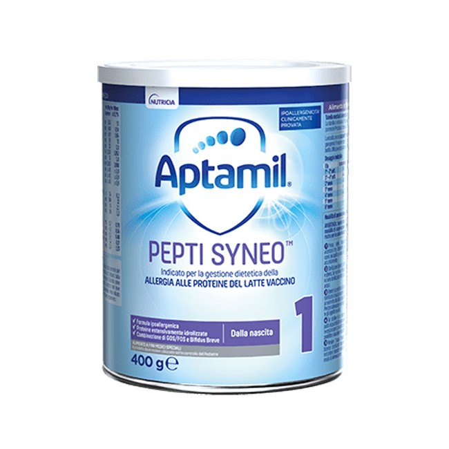 Barattolo da 400 g di Aptamil Pepti Syneo 1, latte per neonati allergici alle proteine del latte vaccino. Barattolo da 400 g di Aptamil Pepti Syneo 1, latte per neonati allergici alle proteine del latte vaccino.