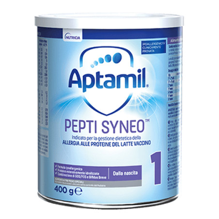 Barattolo da 400 g di Aptamil Pepti Syneo 1, latte per neonati allergici alle proteine del latte vaccino.