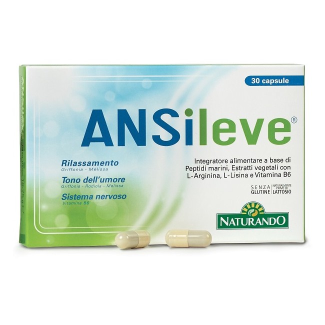 Confezione da 30 capsule di Naturando Ansileve, integratore utile per il benessere mentale. Confezione da 30 capsule di Naturando Ansileve, integratore utile per il benessere mentale.