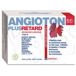 Confezione da 30 compresse di Angioton Plus Retard, integratore per gambe pesanti e affaticate.