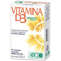 Confezione da 60 compresse di Vitamina D3 Veggy, integratore per il benessere osseo e immunitario.