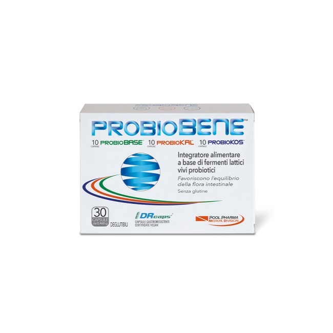 Confezione da 30 capsule di Probiobene integratore di fermenti lattici per il benessere intestinale Confezione da 30 capsule di Probiobene integratore di fermenti lattici per il benessere intestinale