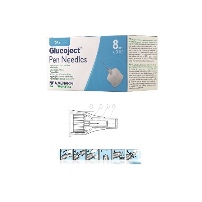 AGO PER PENNA DA INSULINA GLUCOJECT LUNGHEZZA 8 MM GAUGE 31 100 PEZZI AGO PER PENNA DA INSULINA GLUCOJECT LUNGHEZZA 8 MM GAUGE 31 100 PEZZI