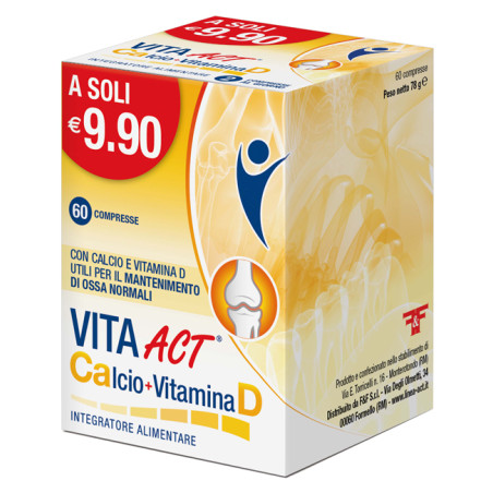 Confezione da 60 compresse di Vita ACT Calcio + Vitamina D, integratore per il benessere di ossa e denti. Confezione da 60 compresse di Vita ACT Calcio + Vitamina D, integratore per il benessere di ossa e denti.