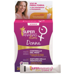 Confezione da 38 bustine da 10 ml di Zuccari Super Ananas Slim Donna, integratore per il controllo del peso in menopausa.