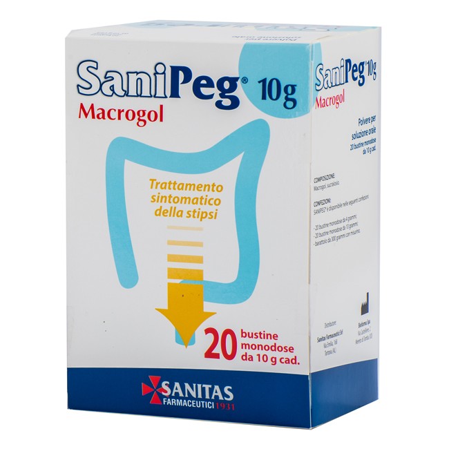 SANIPEG MACROGOL POLVERE PER SOLUZIONE ORALE 20 BUSTE DA 10 G SANIPEG MACROGOL POLVERE PER SOLUZIONE ORALE 20 BUSTE DA 10 G