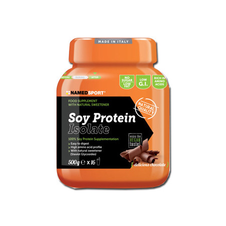 Barattolo da 500 grammi di Named Sport Soy Protein Isolate Coccolato, integratore per lo sviluppo della massa muscolare.