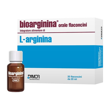 Confezione da 20 flaconcini di Bioarginina Oral, integratore per energia e sistema immunitario.