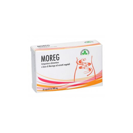 Confezione da 30 capsule di Moreg, integratore per la funzionalità digestiva e il transito intestinale.