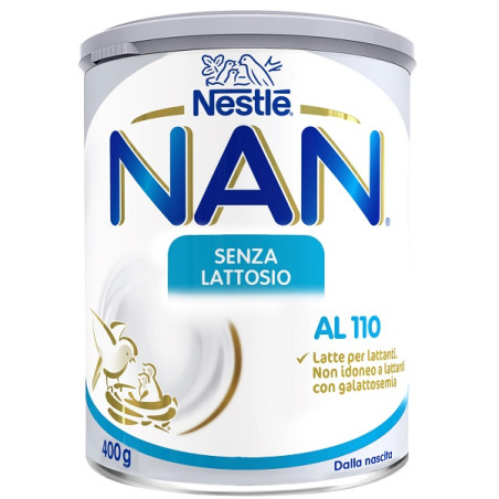 Barattolo da 400 grammi di Nestlè NAN AL 110, latte in polvere per bambini intolleranti al lattosio.