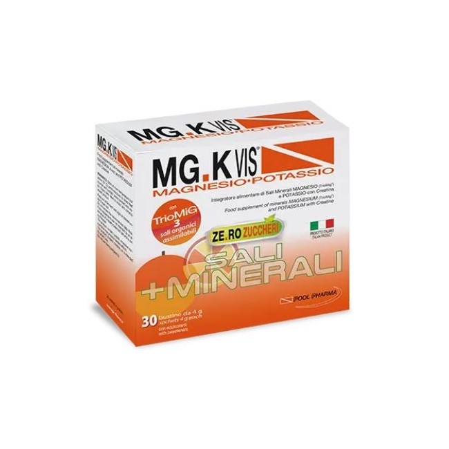 Confezione da 30 bustine di MGK Vis Orange Zero Zuccheri, integratore di magnesio e potassio per stanchezza. Confezione da 30 bustine di MGK Vis Orange Zero Zuccheri, integratore di magnesio e potassio per stanchezza.