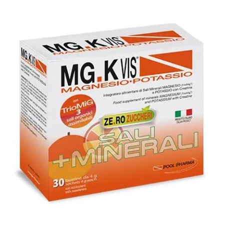 Confezione da 30 bustine di MGK Vis Orange Zero Zuccheri, integratore di magnesio e potassio per stanchezza.