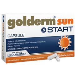 Confezione da 30 capsule di Golderm Sun Start, integratore per la normale pigmentazione della pelle.