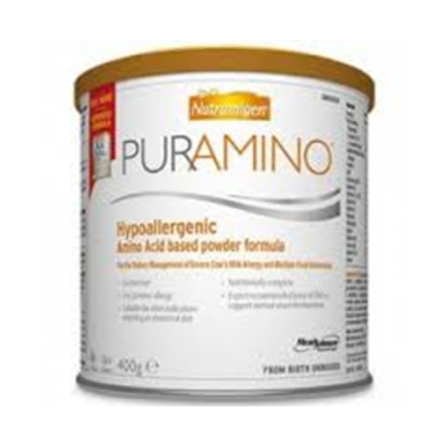 Barattolo da 400 grammi di Nutramigen Puramino, latte in polvere per bambini con allergie alimentari. Barattolo da 400 grammi di Nutramigen Puramino, latte in polvere per bambini con allergie alimentari.