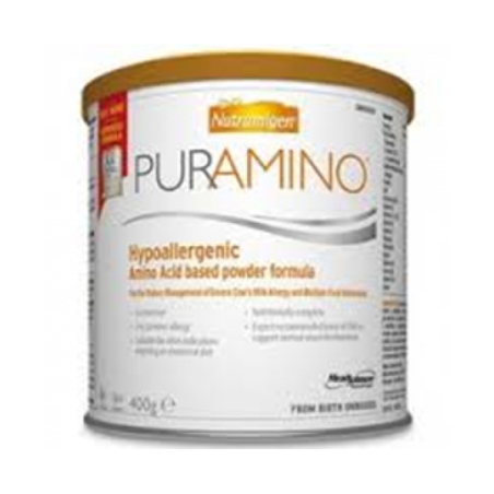 Barattolo da 400 grammi di Nutramigen Puramino, latte in polvere per bambini con allergie alimentari.