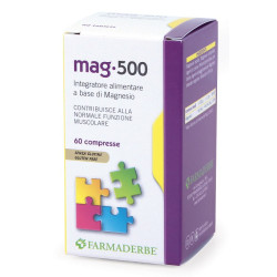 Confezione da 60 compresse di Mag 500, integratore per la funzione muscolare.