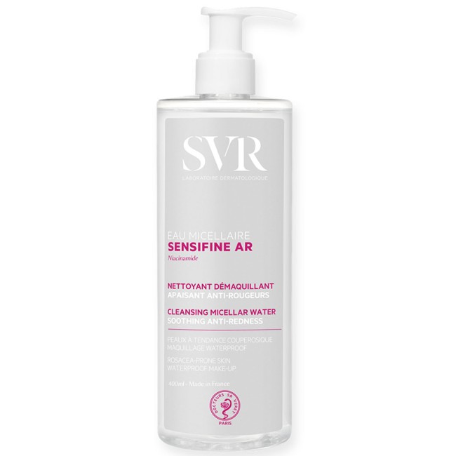 Flacone da 400 ml di Svr Sensifine Ar acqua micellare anti-arrossamento per pelle reattiva.