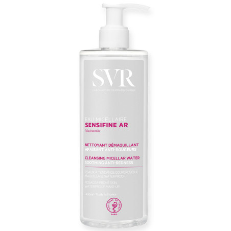 Flacone da 400 ml di Svr Sensifine Ar acqua micellare anti-arrossamento per pelle reattiva.