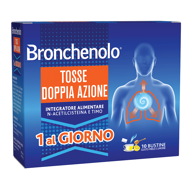 Confezione da 10 bustine di Bronchenolo Doppia Azione contro la tosse secca e grassa Confezione da 10 bustine di Bronchenolo Doppia Azione contro la tosse secca e grassa