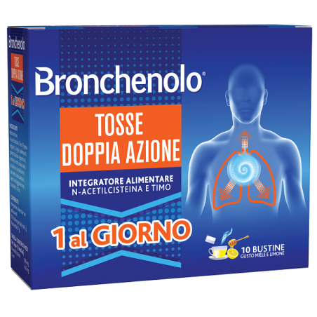 Confezione da 10 bustine di Bronchenolo Doppia Azione contro la tosse secca e grassa Confezione da 10 bustine di Bronchenolo Doppia Azione contro la tosse secca e grassa