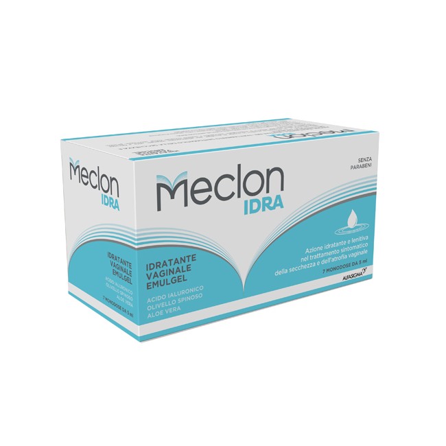 Confezione contenente 7 tubi da 5 ml di Meclon Idra Emulgel, gel idratante vaginale. Confezione contenente 7 tubi da 5 ml di Meclon Idra Emulgel, gel idratante vaginale.