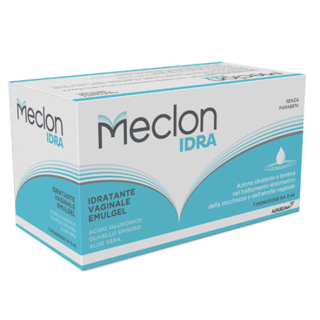 Confezione contenente 7 tubi da 5 ml di Meclon Idra Emulgel, gel idratante vaginale.