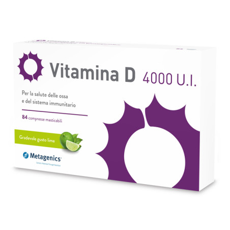 Confezione da 84 compresse di Metagenics Vitamina D 4000 U.I., integratore per ossa e difese immunitarie.