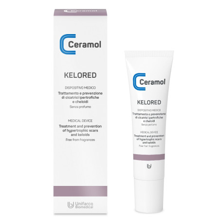 Confezione da 30 ml di Ceramol Kelored Gel Per Il Trattamento Di Cicatrici Ed Inestetismi Cutenei.