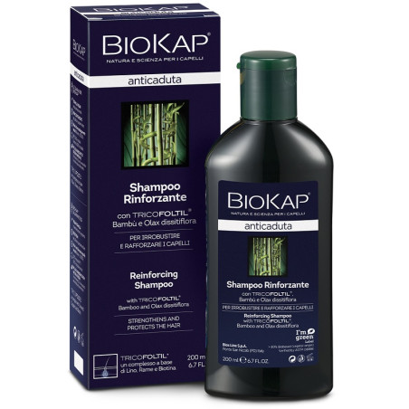 Flacone da 20 ml di Bios Line Biokap Anticaduta Shampoo Rinforzante per avere capelli forti e resistenti.