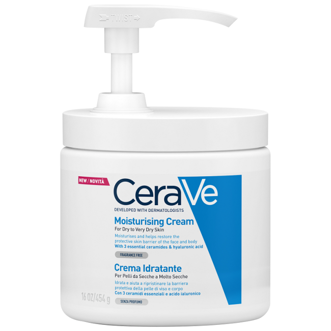 Flacone con dispenser da 454 ml di Cerave Crema Idratante Nutriente Per Pelle Molto Secca Sensibile E Reattiva.