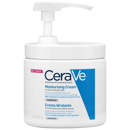 Flacone con dispenser da 454 ml di Cerave Crema Idratante Nutriente Per Pelle Molto Secca Sensibile E Reattiva.
