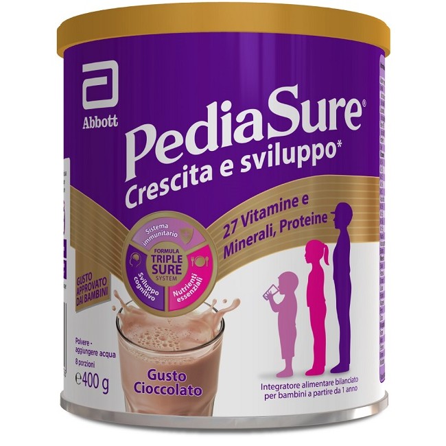 Barattolo da 400 grammi di Pediasure Crescita e Sviluppo, latte in polvere per bambini dai 12 mesi. Barattolo da 400 grammi di Pediasure Crescita e Sviluppo, latte in polvere per bambini dai 12 mesi.