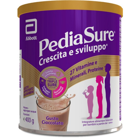 Barattolo da 400 grammi di Pediasure Crescita e Sviluppo, latte in polvere per bambini dai 12 mesi. Barattolo da 400 grammi di Pediasure Crescita e Sviluppo, latte in polvere per bambini dai 12 mesi.