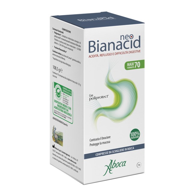 Confezione da 70 Compresse masticabili di Neobianacid per acidità e reflusso Confezione da 70 Compresse masticabili di Neobianacid per acidità e reflusso