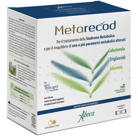 Confezione da 40 bustine gusto arancia-pesca di Metarecod per la sindrome metabolica