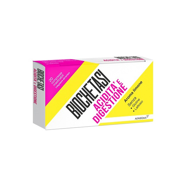 Confezione da 20 compresse di Biochetasi Digestione e Acidità, integratore utile in caso di cattiva digestione. Confezione da 20 compresse di Biochetasi Digestione e Acidità, integratore utile in caso di cattiva digestione.