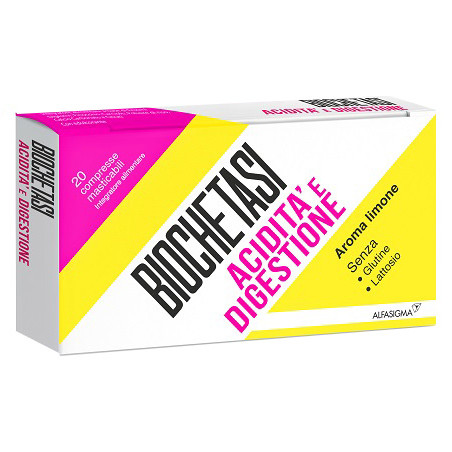 Confezione da 20 compresse di Biochetasi Digestione e Acidità, integratore utile in caso di cattiva digestione.