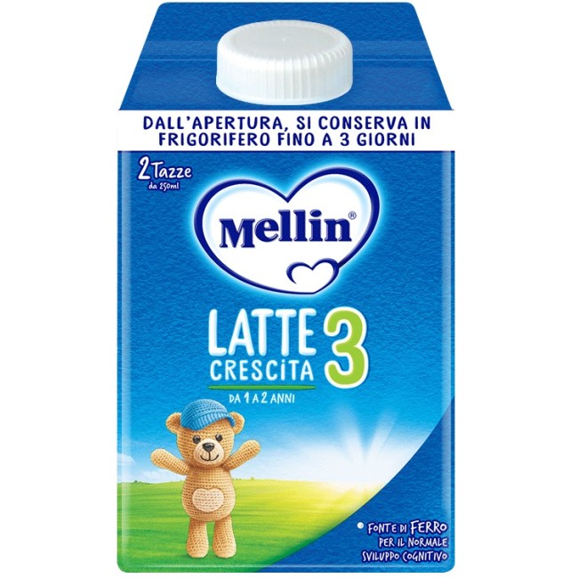 Tetrapak da 500 ml di Mellin 3, latte di crescita per lo sviluppo motorio e cognitivo. Tetrapak da 500 ml di Mellin 3, latte di crescita per lo sviluppo motorio e cognitivo.