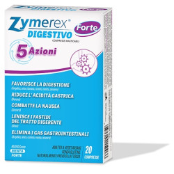 Confezione da 20 compresse masticabili di Zymerex Digestivo Forte, integratore per la digestione e l'eliminazione dei gas.