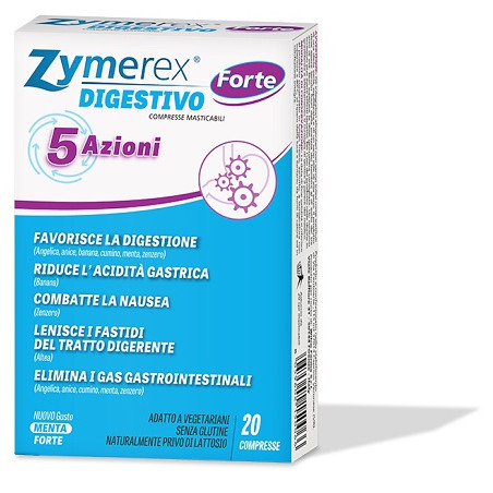Confezione da 20 compresse masticabili di Zymerex Digestivo Forte, integratore per la digestione e l'eliminazione dei gas. Confezione da 20 compresse masticabili di Zymerex Digestivo Forte, integratore per la digestione e l'eliminazione dei gas.