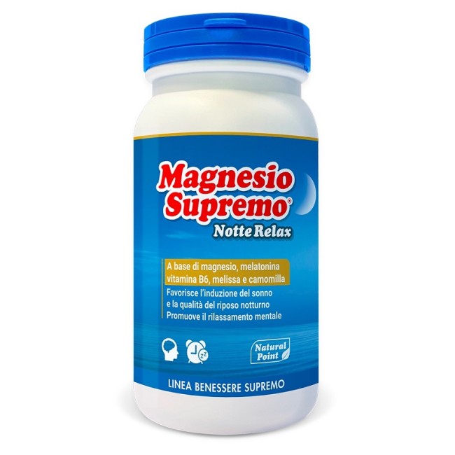 Barattolo da 150 g di Magnesio Supremo Notte Relax, integratore per favorire il sonno e il rilassamento. Barattolo da 150 g di Magnesio Supremo Notte Relax, integratore per favorire il sonno e il rilassamento.