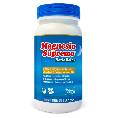 Barattolo da 150 g di Magnesio Supremo Notte Relax, integratore per favorire il sonno e il rilassamento.