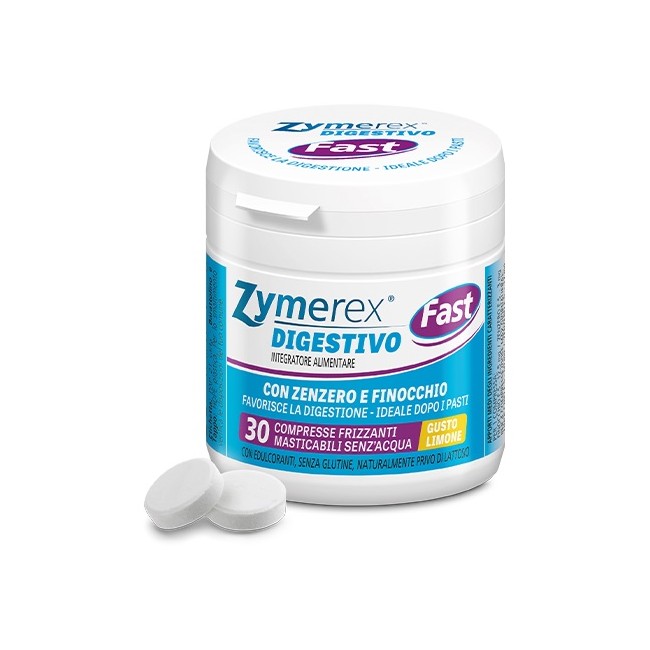 Barattolo da 30 compresse masticabili di Zymerex Fast, integratore per favorire la digestione.