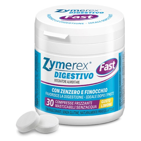 Barattolo da 30 compresse masticabili di Zymerex Fast, integratore per favorire la digestione.