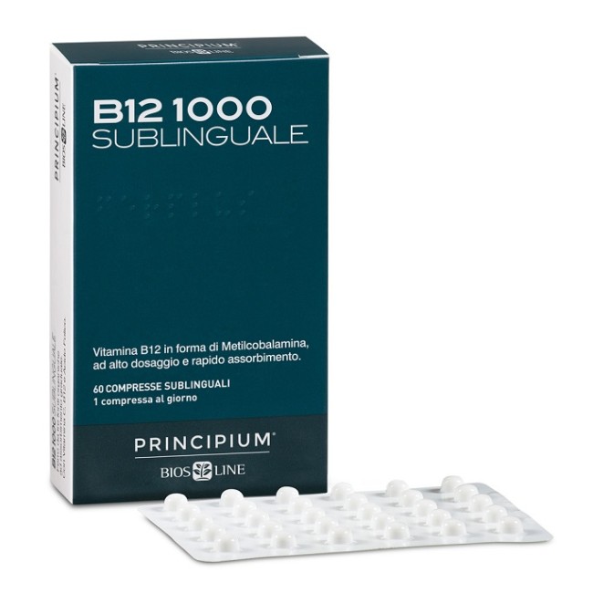 Confezione da 60 compresse sublinguali di Principum B12 1000, integratore contro la stanchezza. Confezione da 60 compresse sublinguali di Principum B12 1000, integratore contro la stanchezza.