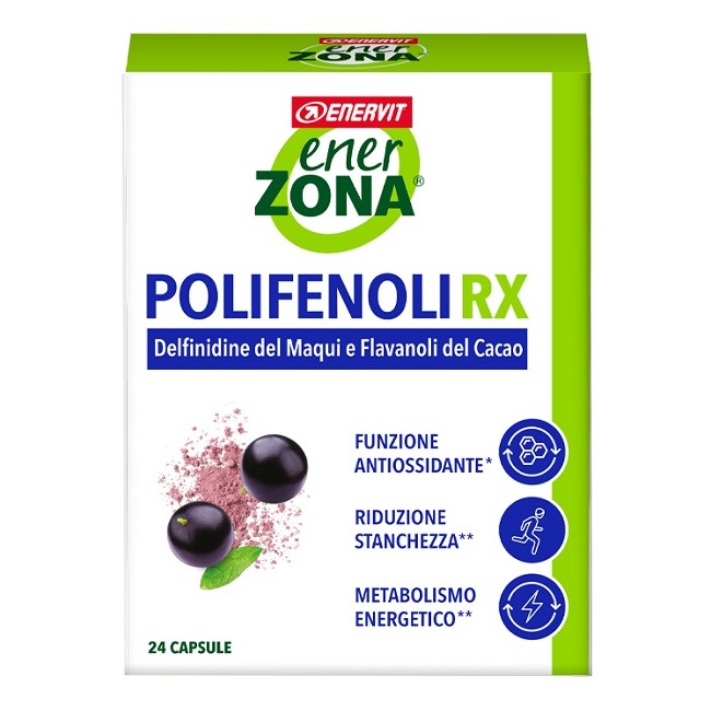 Confezione da 24 capsule di Enerzona Polifenoli Rx, integratore antiossidante utile contro stanchezza ed affaticamento. Confezione da 24 capsule di Enerzona Polifenoli Rx, integratore antiossidante utile contro stanchezza ed affaticamento.