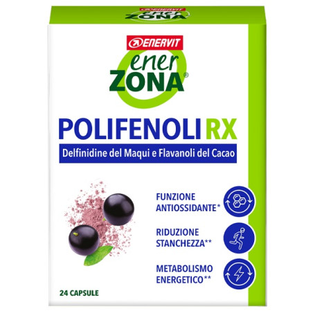 Confezione da 24 capsule di Enerzona Polifenoli Rx, integratore antiossidante utile contro stanchezza ed affaticamento. Confezione da 24 capsule di Enerzona Polifenoli Rx, integratore antiossidante utile contro stanchezza ed affaticamento.