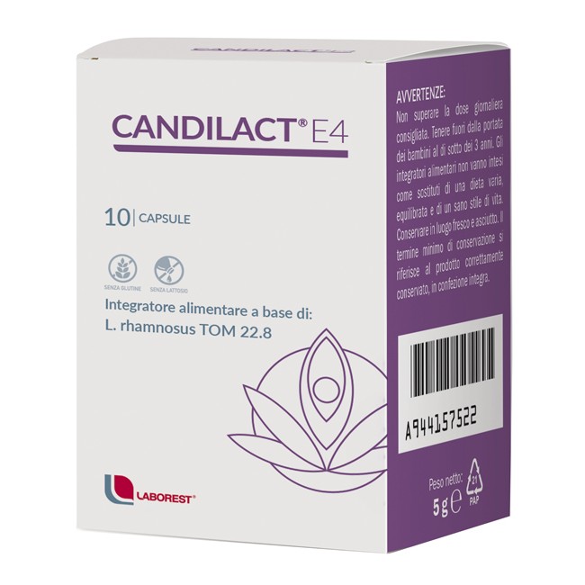Confezione da 10 capsule di Candilact E4, integratore per l'equilibrio della flora batterica vaginale. Confezione da 10 capsule di Candilact E4, integratore per l'equilibrio della flora batterica vaginale.