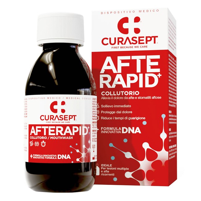 Flacone da 125 ml di Curasept Collutorio Afte Rapid Dna, collutorio per afte ricorrenti e lesioni della bocca. Flacone da 125 ml di Curasept Collutorio Afte Rapid Dna, collutorio per afte ricorrenti e lesioni della bocca.